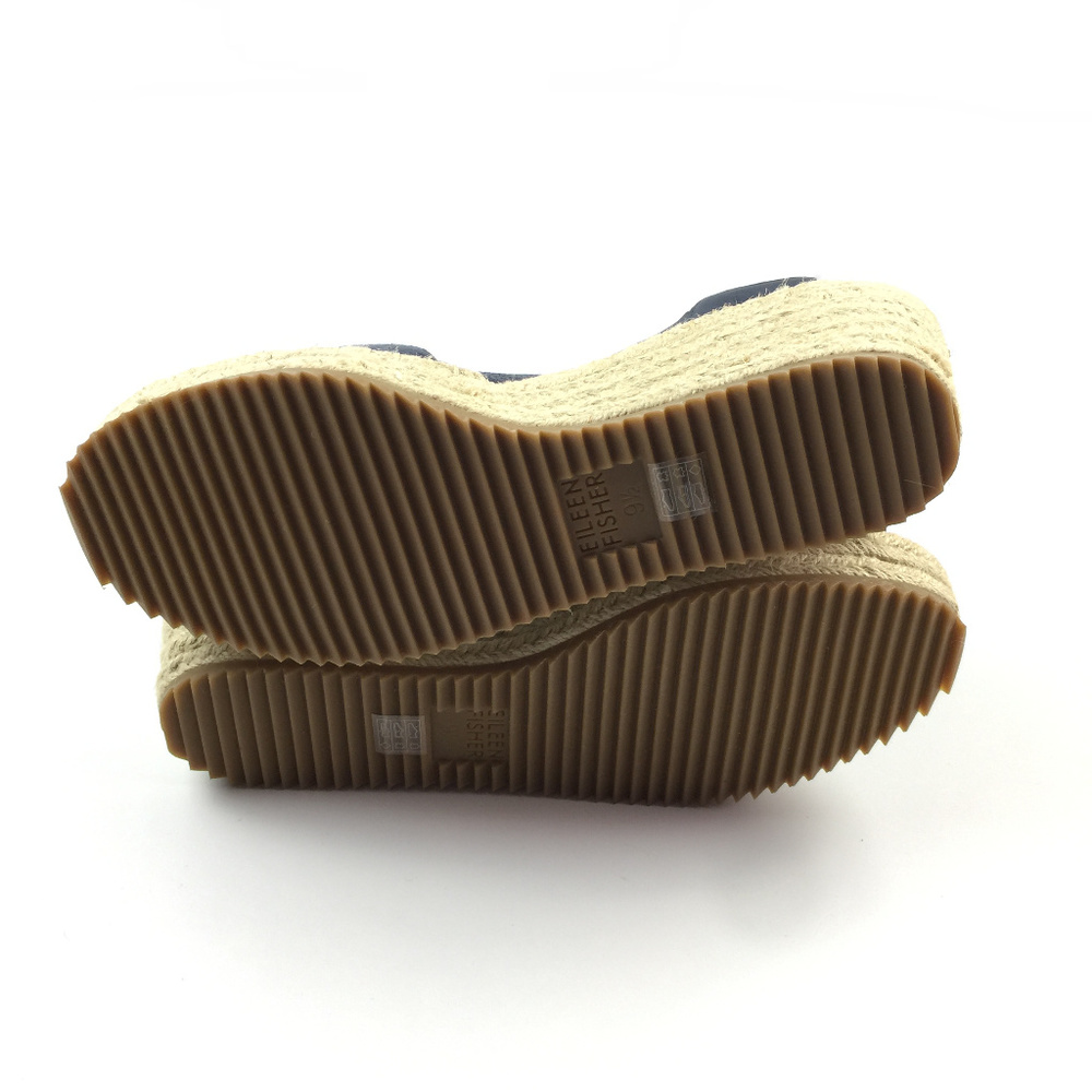 Eileen Fisher Navy Blue Leather Espadrille Wedge Sandals - Picture 5 of 8